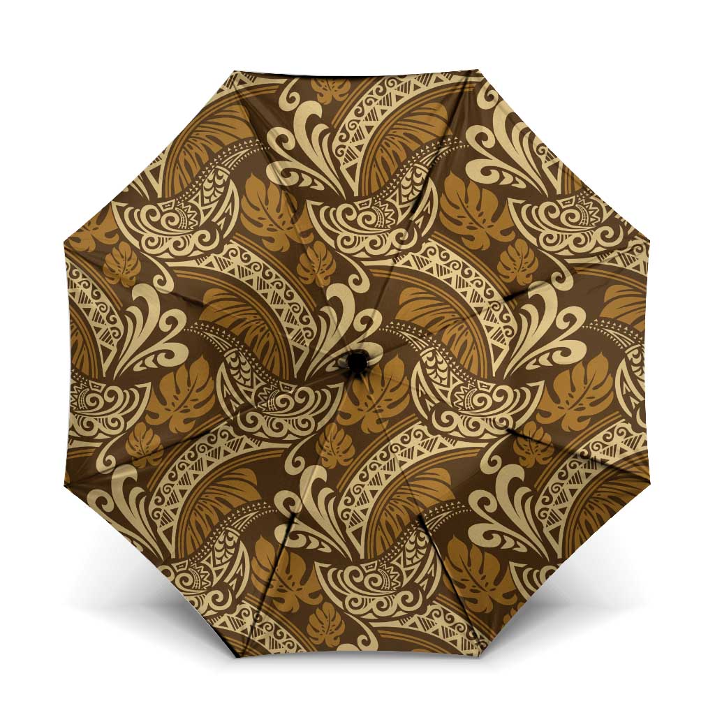 Brown Gold Monstera Umbrella Polynesian Tribal Pattern LT01 One Size Folded 11.42 inch Opened Diameter 37.4 inch Gold - Polynesian Pride