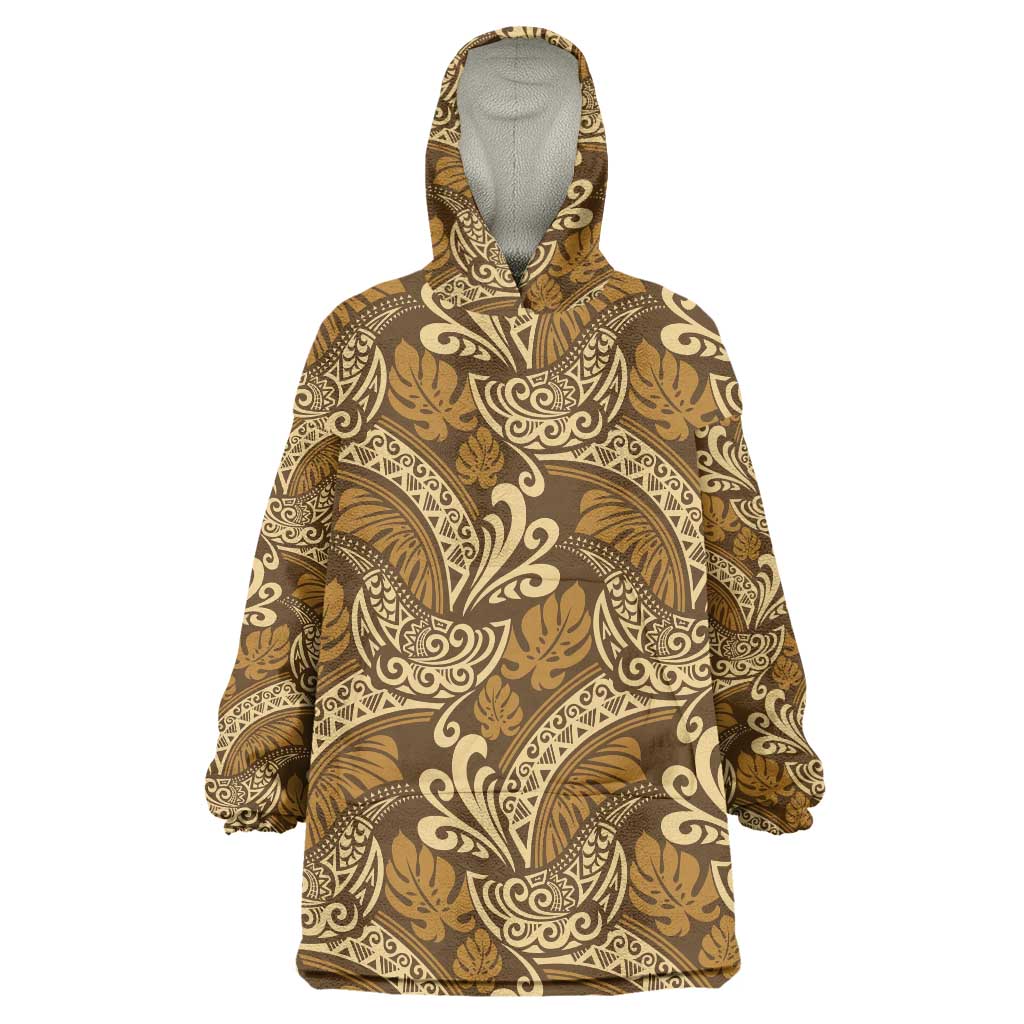 Brown Gold Monstera Wearable Blanket Hoodie Polynesian Tribal Pattern LT01 One Size Gold - Polynesian Pride