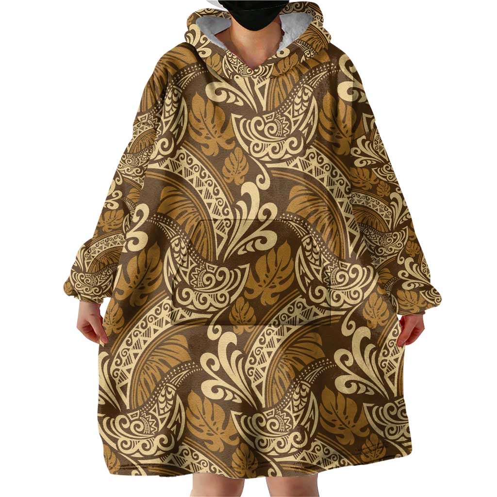 Brown Gold Monstera Wearable Blanket Hoodie Polynesian Tribal Pattern LT01 - Polynesian Pride