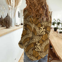 Brown Gold Monstera Women Casual Shirt Polynesian Tribal Pattern - Polynesian Pride