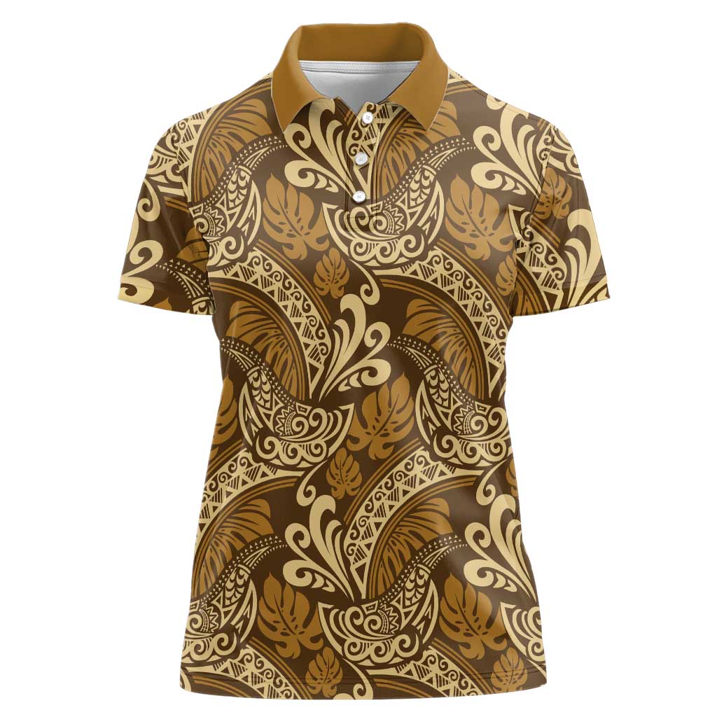 Brown Gold Monstera Women Polo Shirt Polynesian Tribal Pattern LT01 Female Gold - Polynesian Pride
