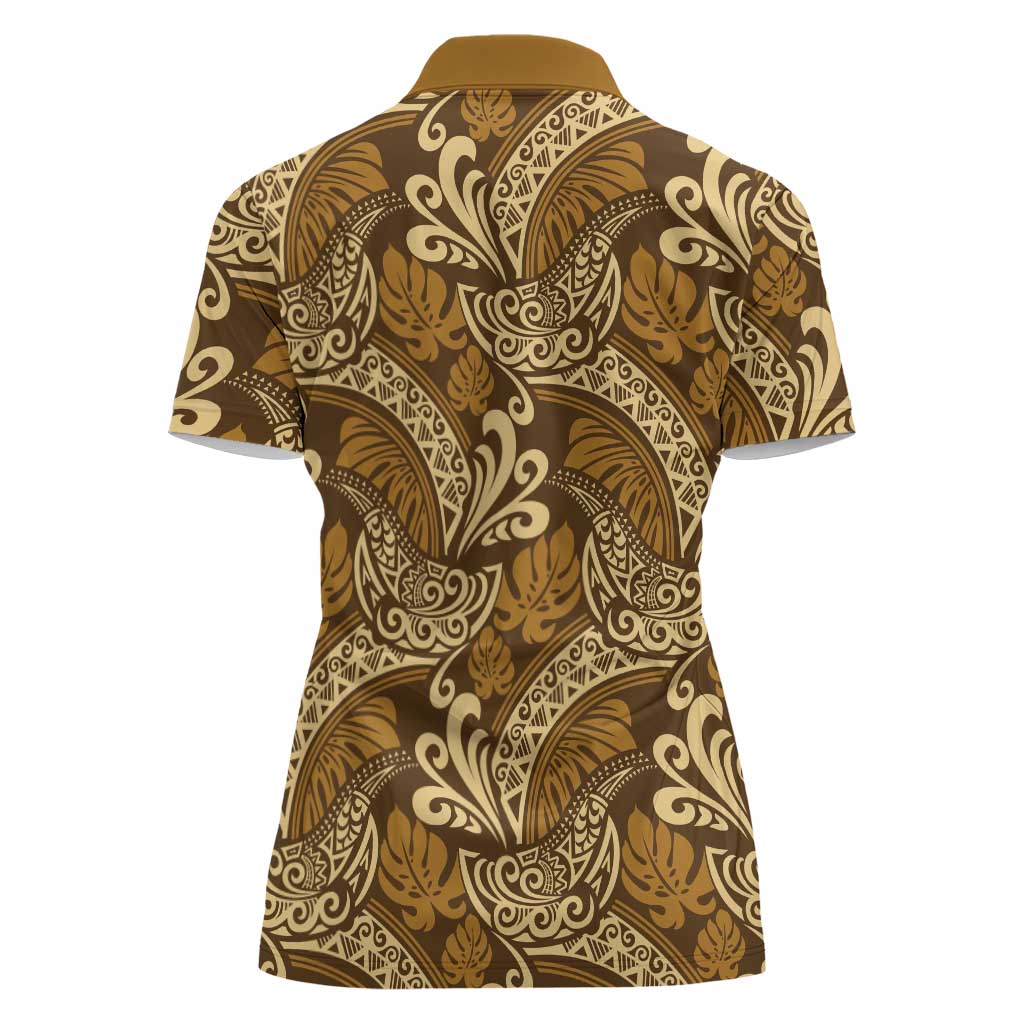 Brown Gold Monstera Women Polo Shirt Polynesian Tribal Pattern LT01 - Polynesian Pride