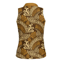 Brown Gold Monstera Women Sleeveless Polo Shirt Polynesian Tribal Pattern LT01 - Polynesian Pride
