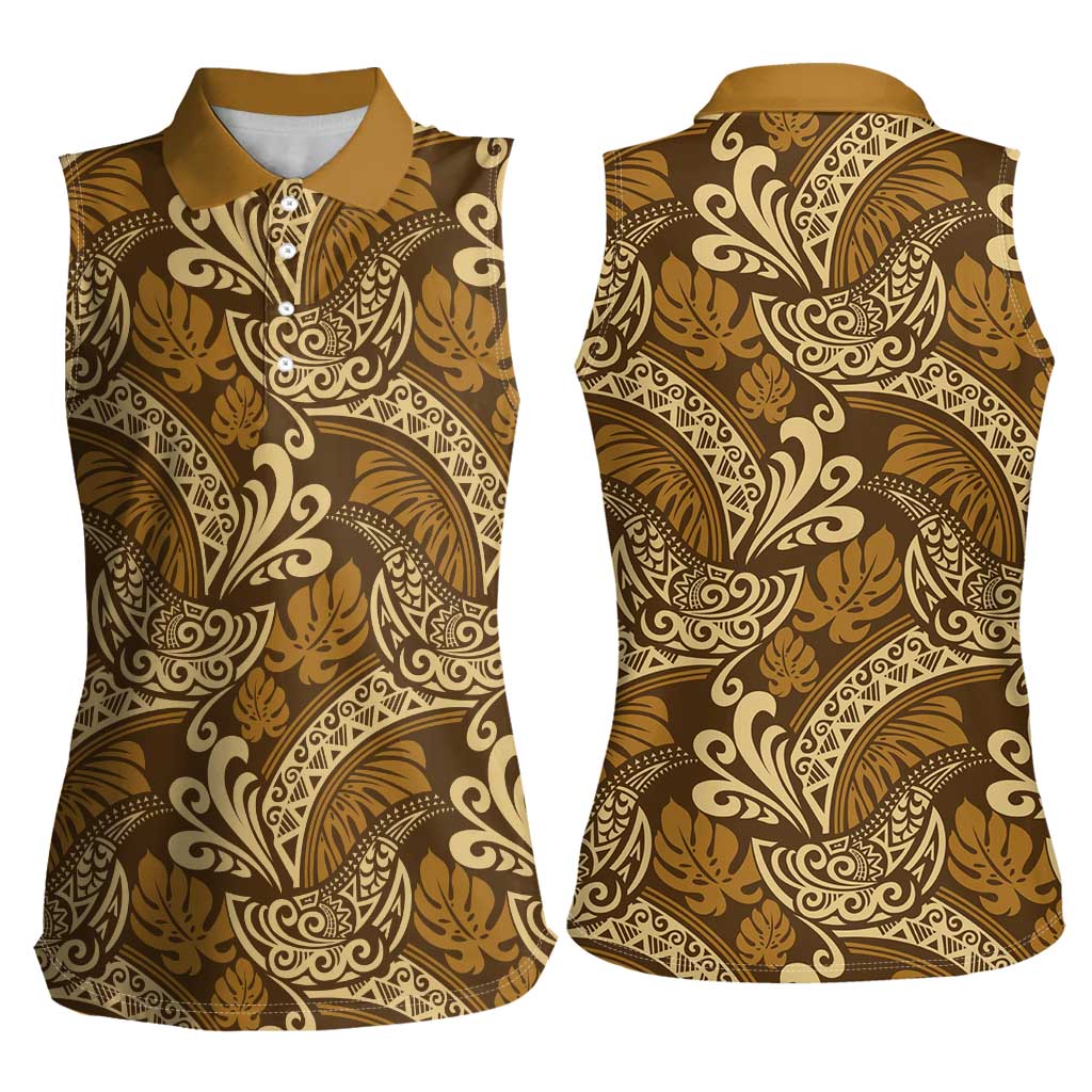 Brown Gold Monstera Women Sleeveless Polo Shirt Polynesian Tribal Pattern LT01 - Polynesian Pride
