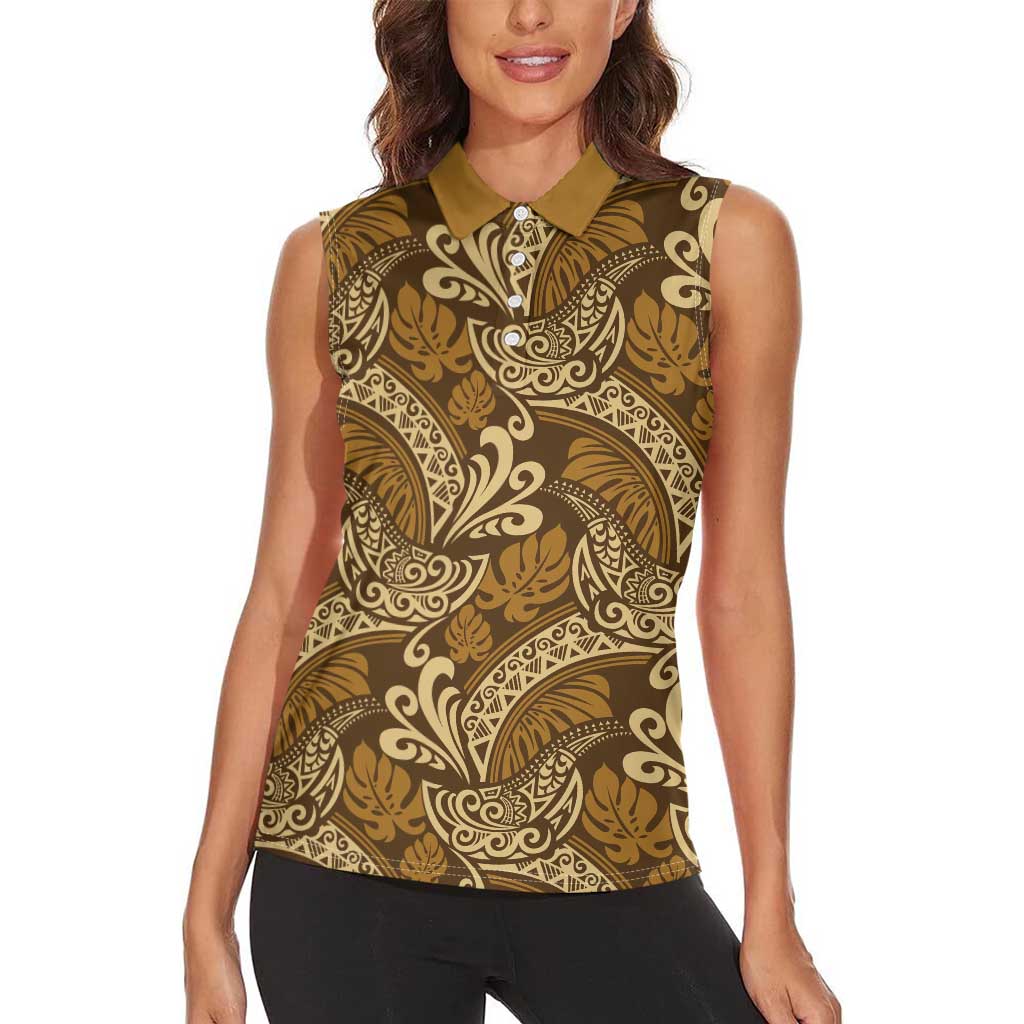 Brown Gold Monstera Women Sleeveless Polo Shirt Polynesian Tribal Pattern LT01 - Polynesian Pride