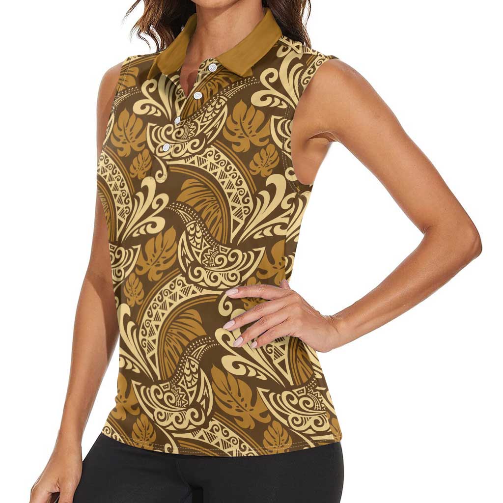 Brown Gold Monstera Women Sleeveless Polo Shirt Polynesian Tribal Pattern LT01 - Polynesian Pride