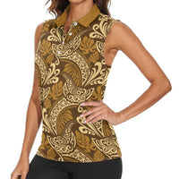 Brown Gold Monstera Women Sleeveless Polo Shirt Polynesian Tribal Pattern LT01 - Polynesian Pride