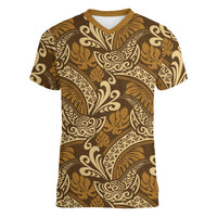 Brown Gold Monstera Women V-Neck T-Shirt Polynesian Tribal Pattern LT01 Female Gold - Polynesian Pride