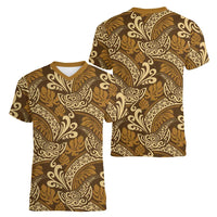 Brown Gold Monstera Women V-Neck T-Shirt Polynesian Tribal Pattern LT01 - Polynesian Pride