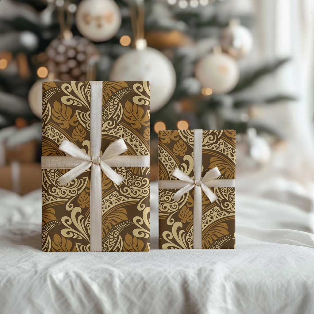 Brown Gold Monstera Wrapping Paper Polynesian Tribal Pattern LT01 - Polynesian Pride