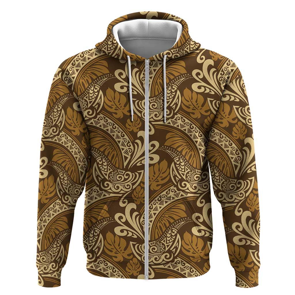 Brown Gold Monstera Zip Hoodie Polynesian Tribal Pattern LT01 Zip Hoodie Gold - Polynesian Pride