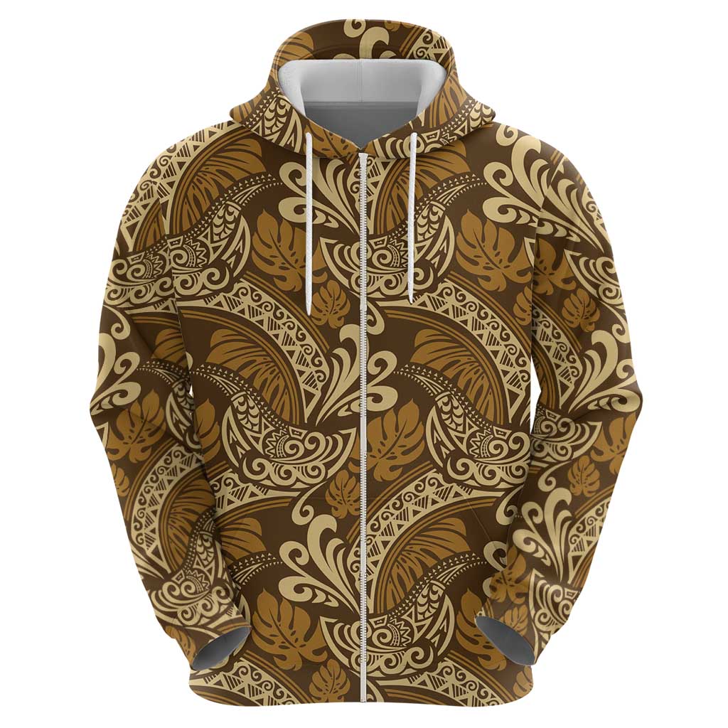 Brown Gold Monstera Zip Hoodie Polynesian Tribal Pattern LT01 - Polynesian Pride