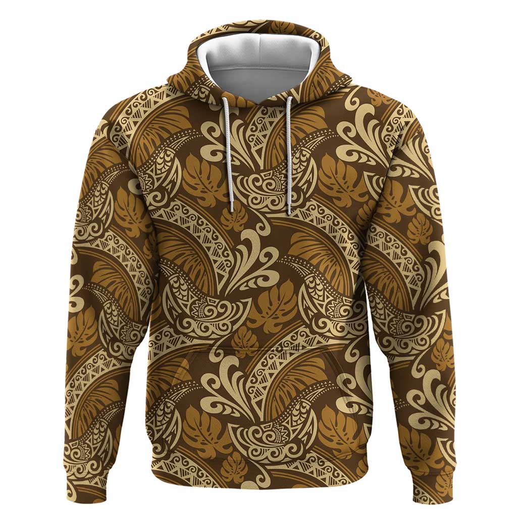 Brown Gold Monstera Zip Hoodie Polynesian Tribal Pattern LT01 Pullover Hoodie Gold - Polynesian Pride