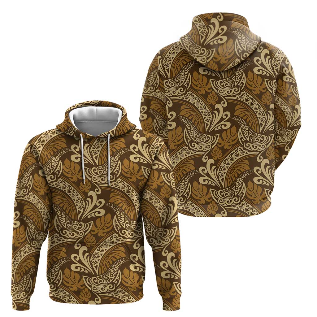 Brown Gold Monstera Zip Hoodie Polynesian Tribal Pattern LT01 - Polynesian Pride