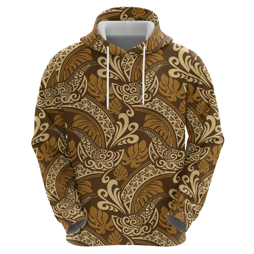 Brown Gold Monstera Zip Hoodie Polynesian Tribal Pattern LT01 - Polynesian Pride