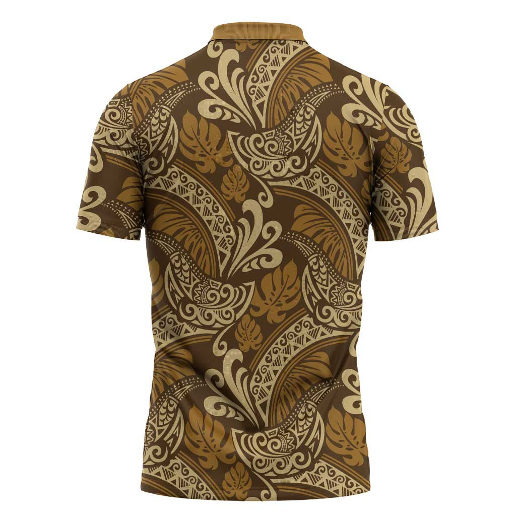 Brown Gold Monstera Zipper Polo Shirt Polynesian Tribal Pattern LT01 - Polynesian Pride