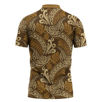 Brown Gold Monstera Zipper Polo Shirt Polynesian Tribal Pattern LT01 - Polynesian Pride