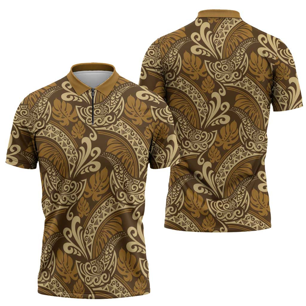Brown Gold Monstera Zipper Polo Shirt Polynesian Tribal Pattern LT01 - Polynesian Pride