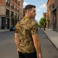 Brown Gold Monstera Zipper Polo Shirt Polynesian Tribal Pattern LT01 - Polynesian Pride