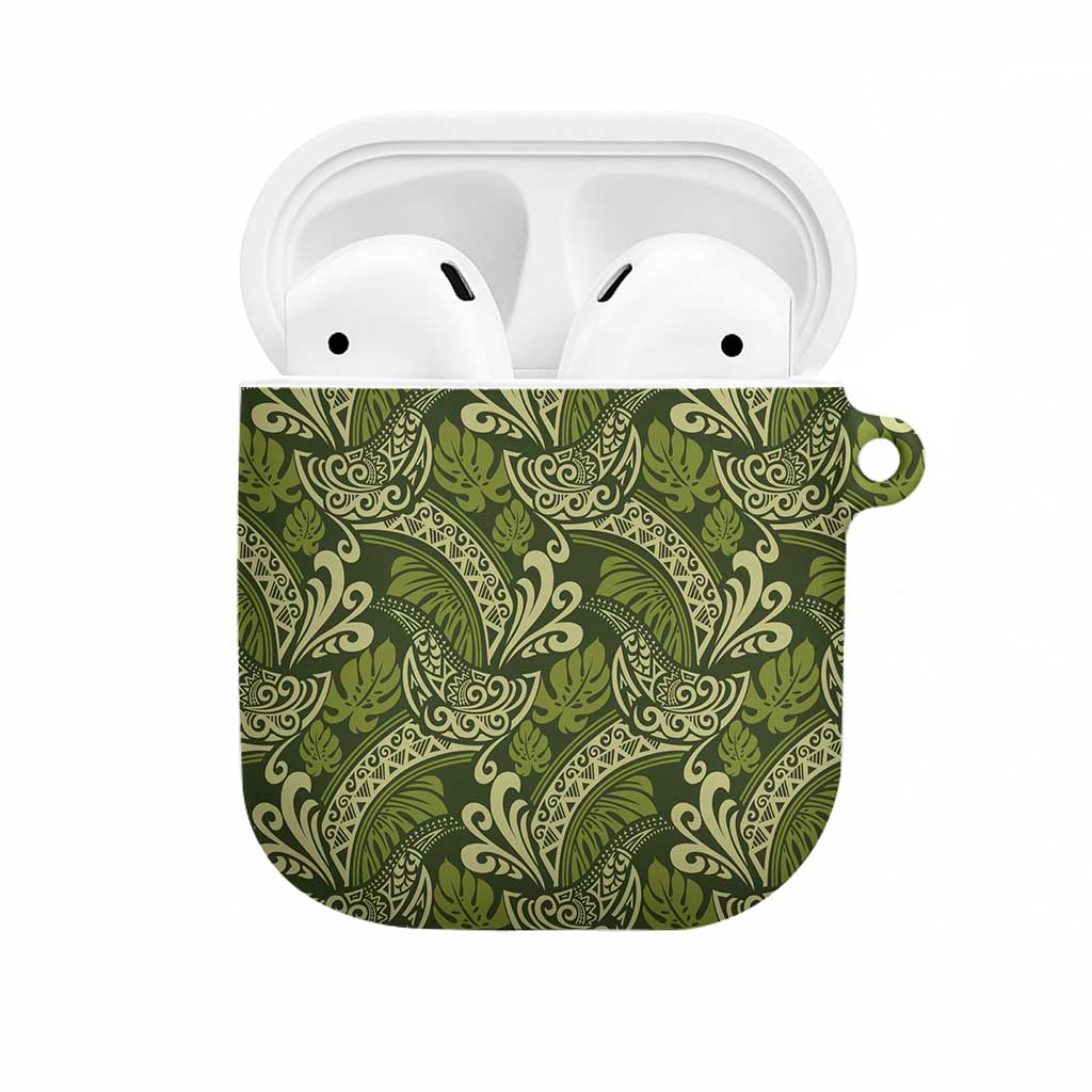 Olive Green Monstera AirPods Case Polynesian Tribal Pattern - Polynesian Pride