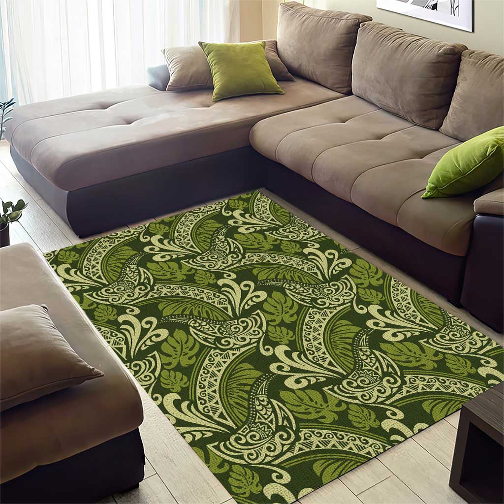 Olive Green Monstera Area Rug Polynesian Tribal Pattern - Polynesian Pride