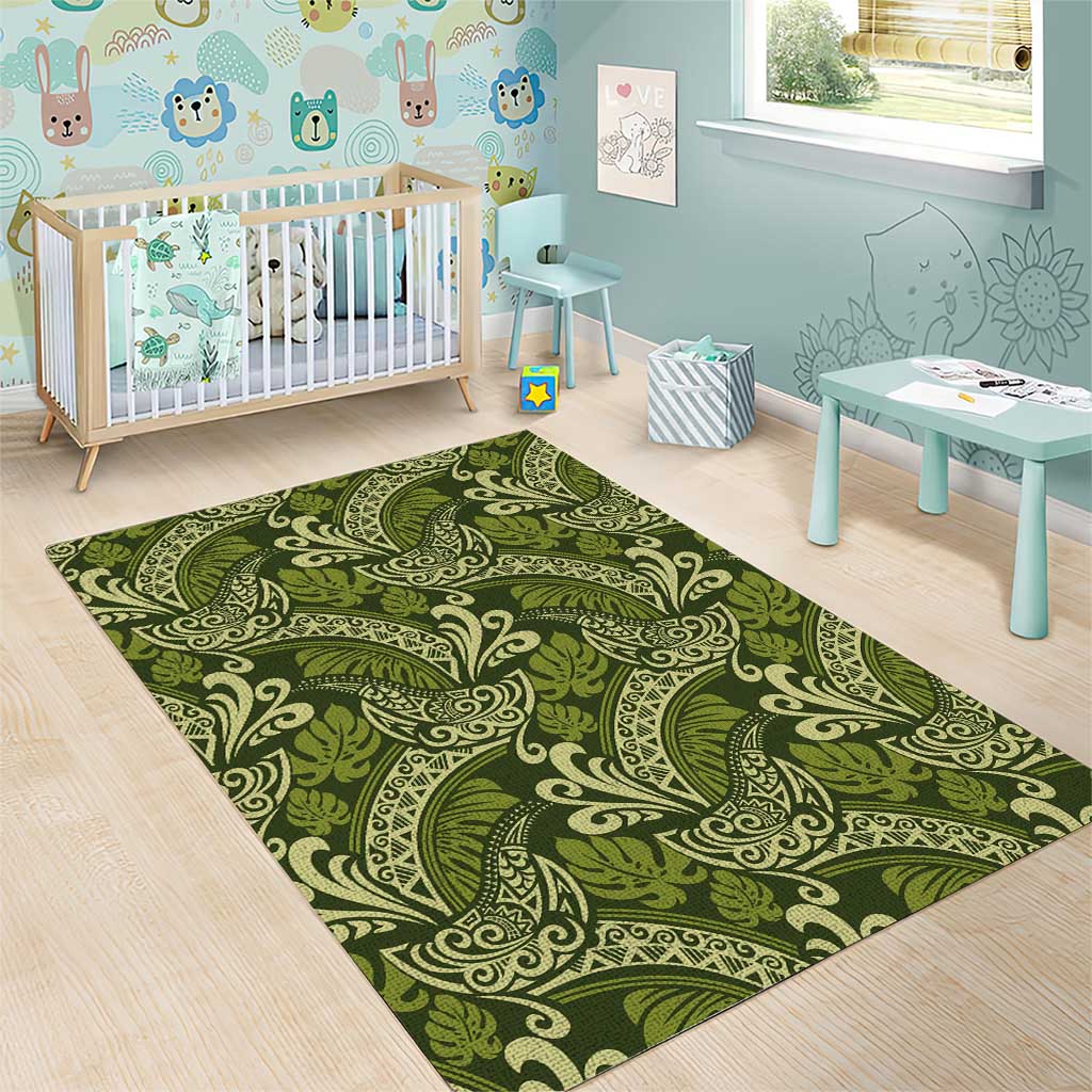Olive Green Monstera Area Rug Polynesian Tribal Pattern - Polynesian Pride