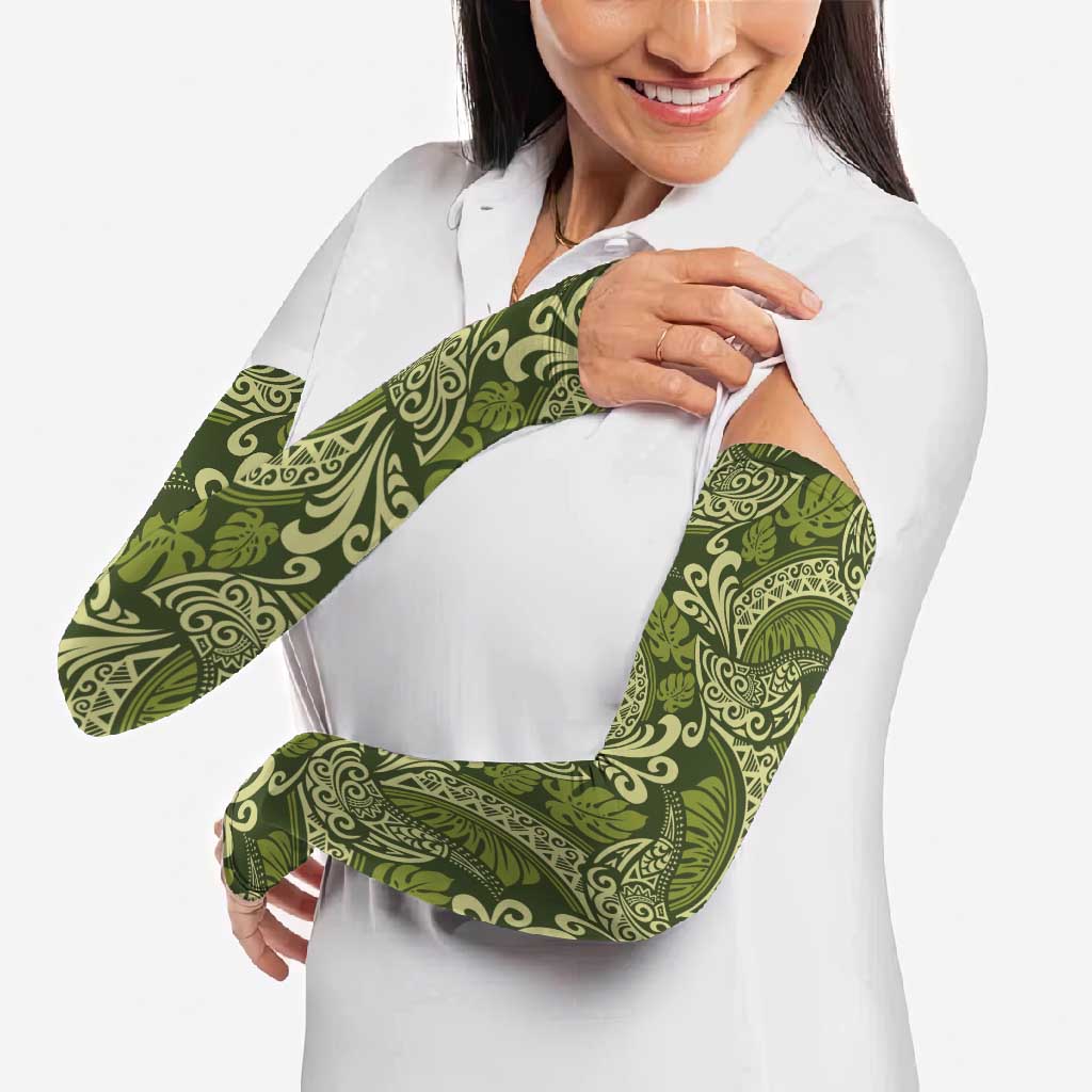 Olive Green Monstera Arm Sleeves Polynesian Tribal Pattern LT01 - Polynesian Pride