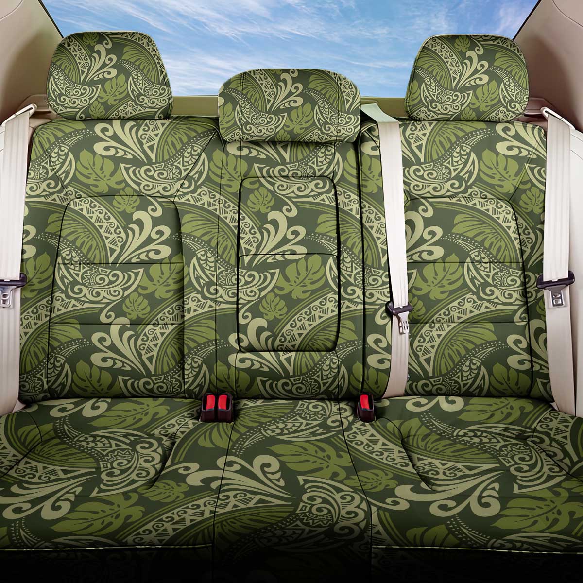 Olive Green Monstera Back Car Seat Cover Polynesian Tribal Pattern LT01 One Size Green - Polynesian Pride