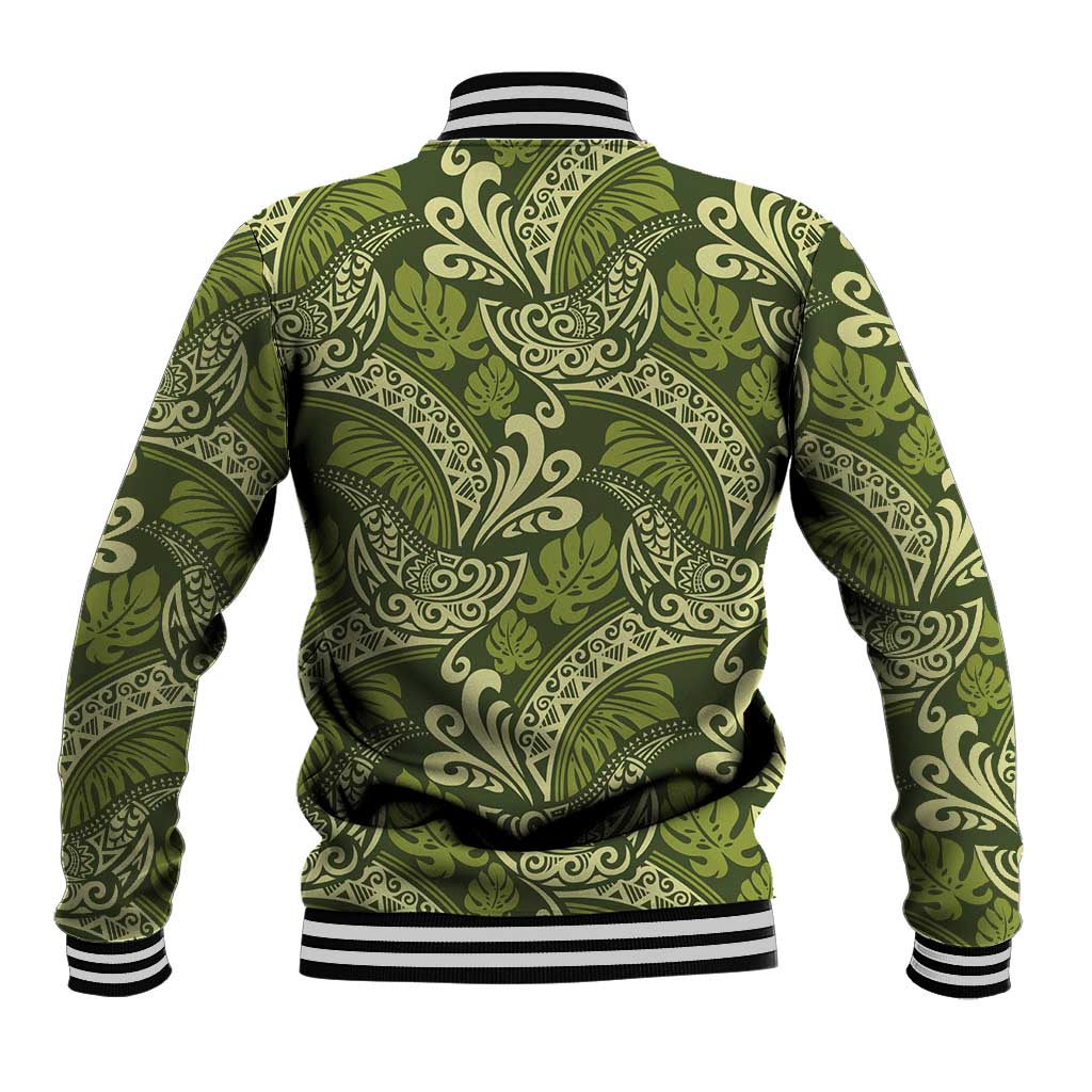 Olive Green Monstera Baseball Jacket Polynesian Tribal Pattern LT01 - Polynesian Pride