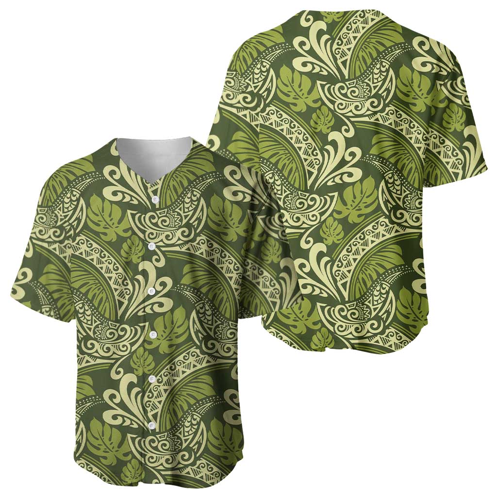 Olive Green Monstera Baseball Jersey Polynesian Tribal Pattern LT01 - Polynesian Pride