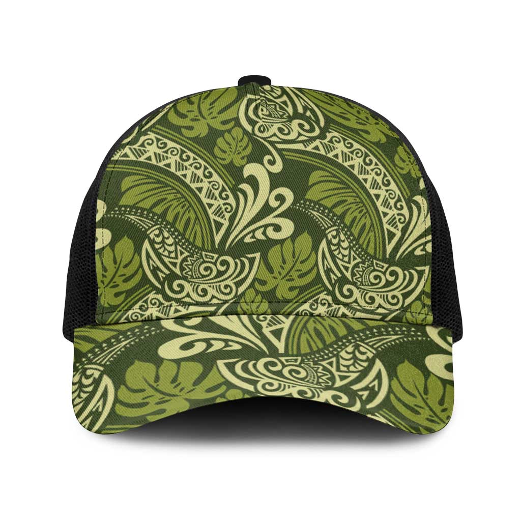 Olive Green Monstera Baseball Net Cap Polynesian Tribal Pattern - Polynesian Pride
