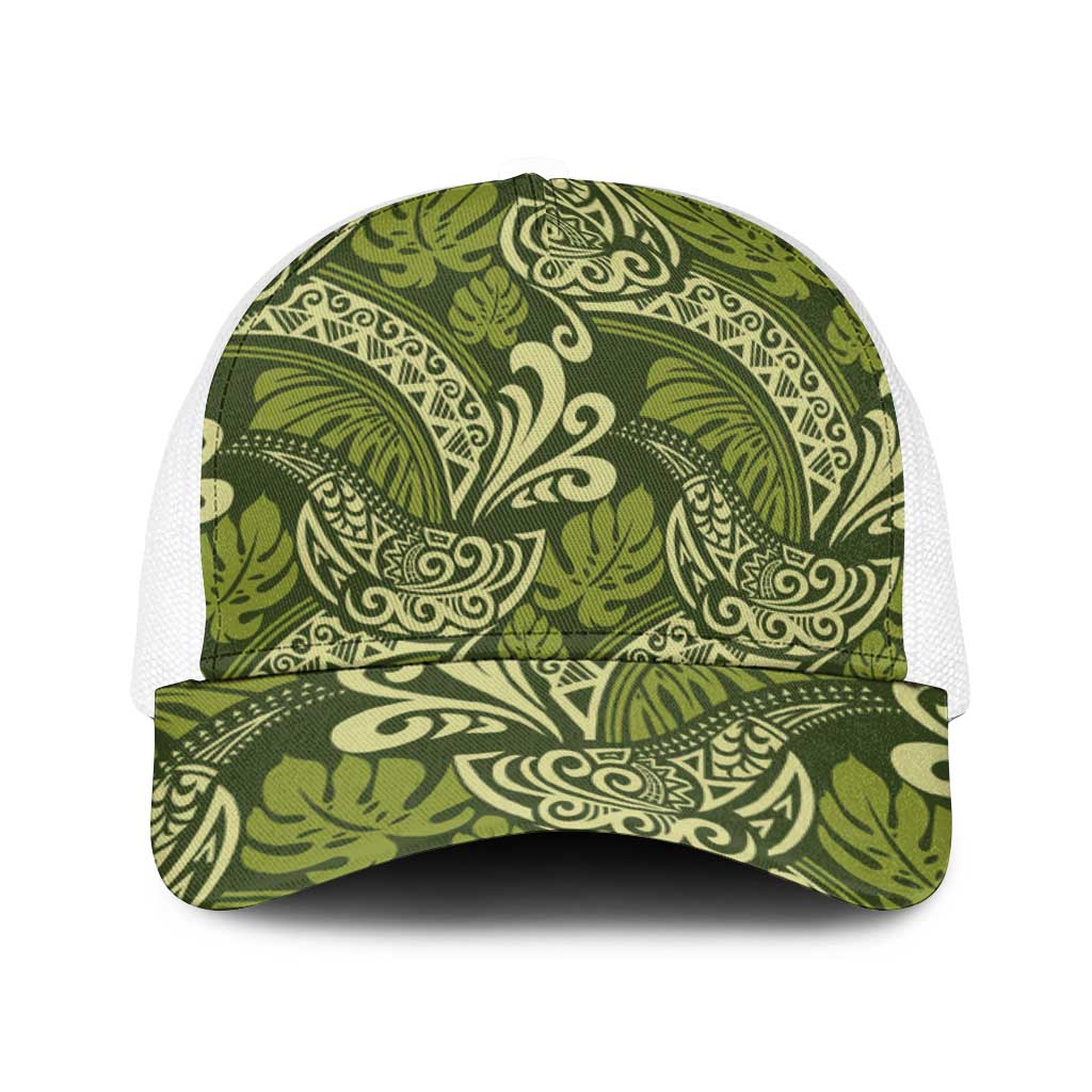Olive Green Monstera Baseball Net Cap Polynesian Tribal Pattern - Polynesian Pride