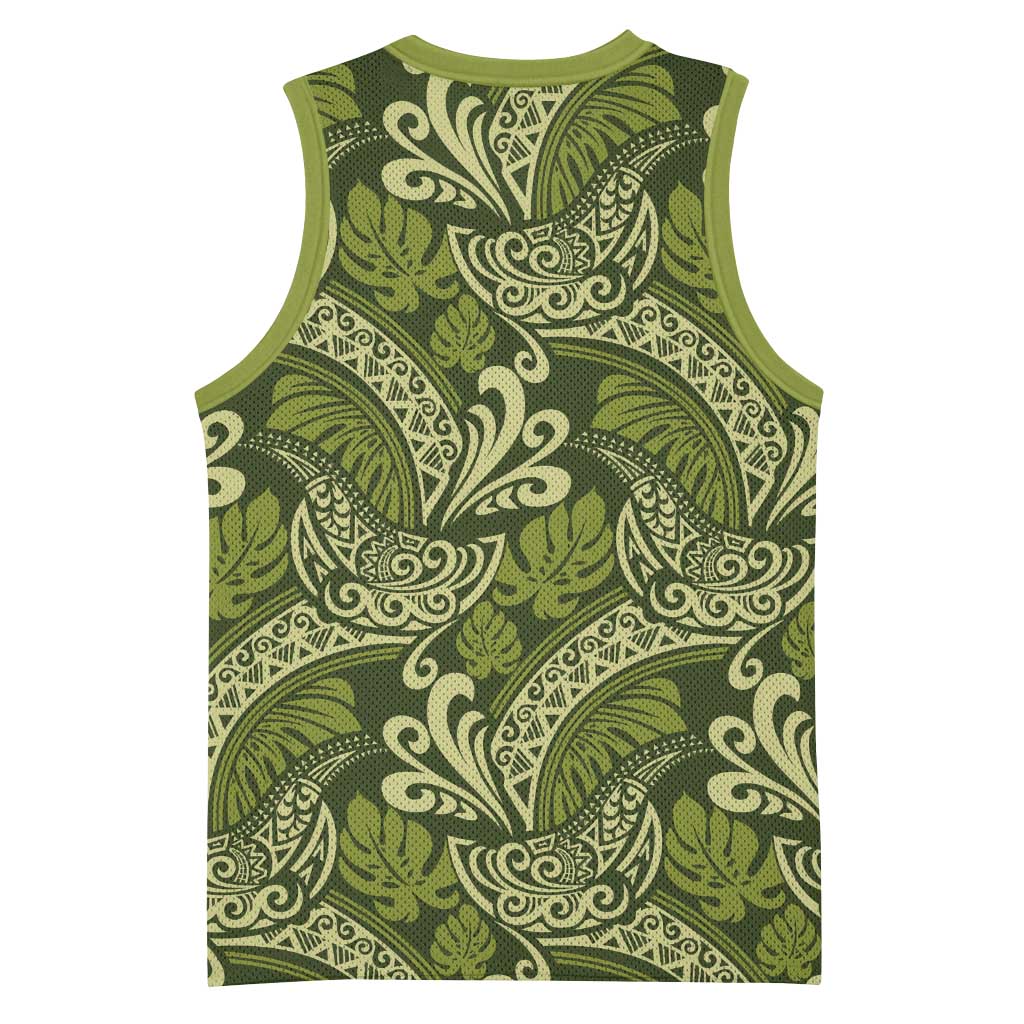 Olive Green Monstera Basketball Jersey Polynesian Tribal Pattern LT01 - Polynesian Pride