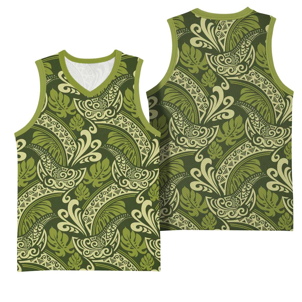 Olive Green Monstera Basketball Jersey Polynesian Tribal Pattern LT01 - Polynesian Pride