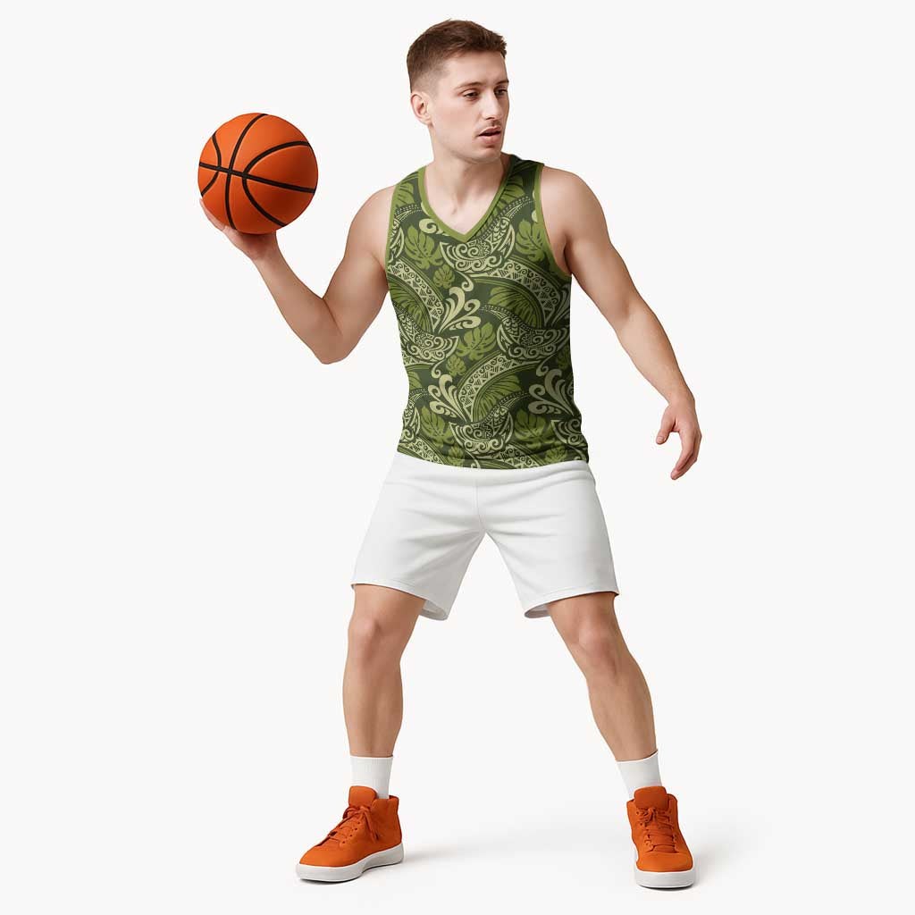 Olive Green Monstera Basketball Jersey Polynesian Tribal Pattern LT01 - Polynesian Pride