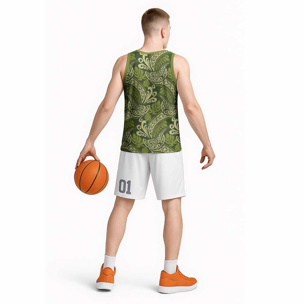 Olive Green Monstera Basketball Jersey Polynesian Tribal Pattern LT01 - Polynesian Pride