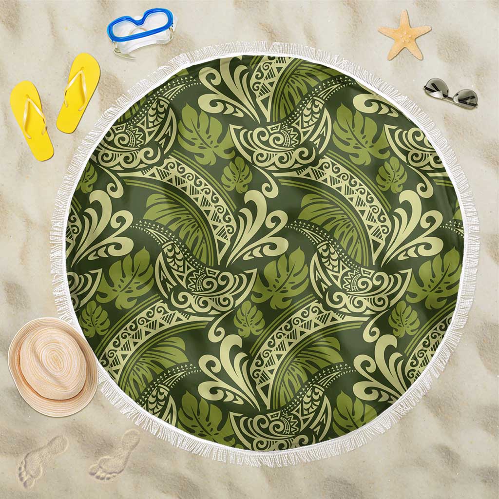 Olive Green Monstera Beach Blanket Polynesian Tribal Pattern - Polynesian Pride