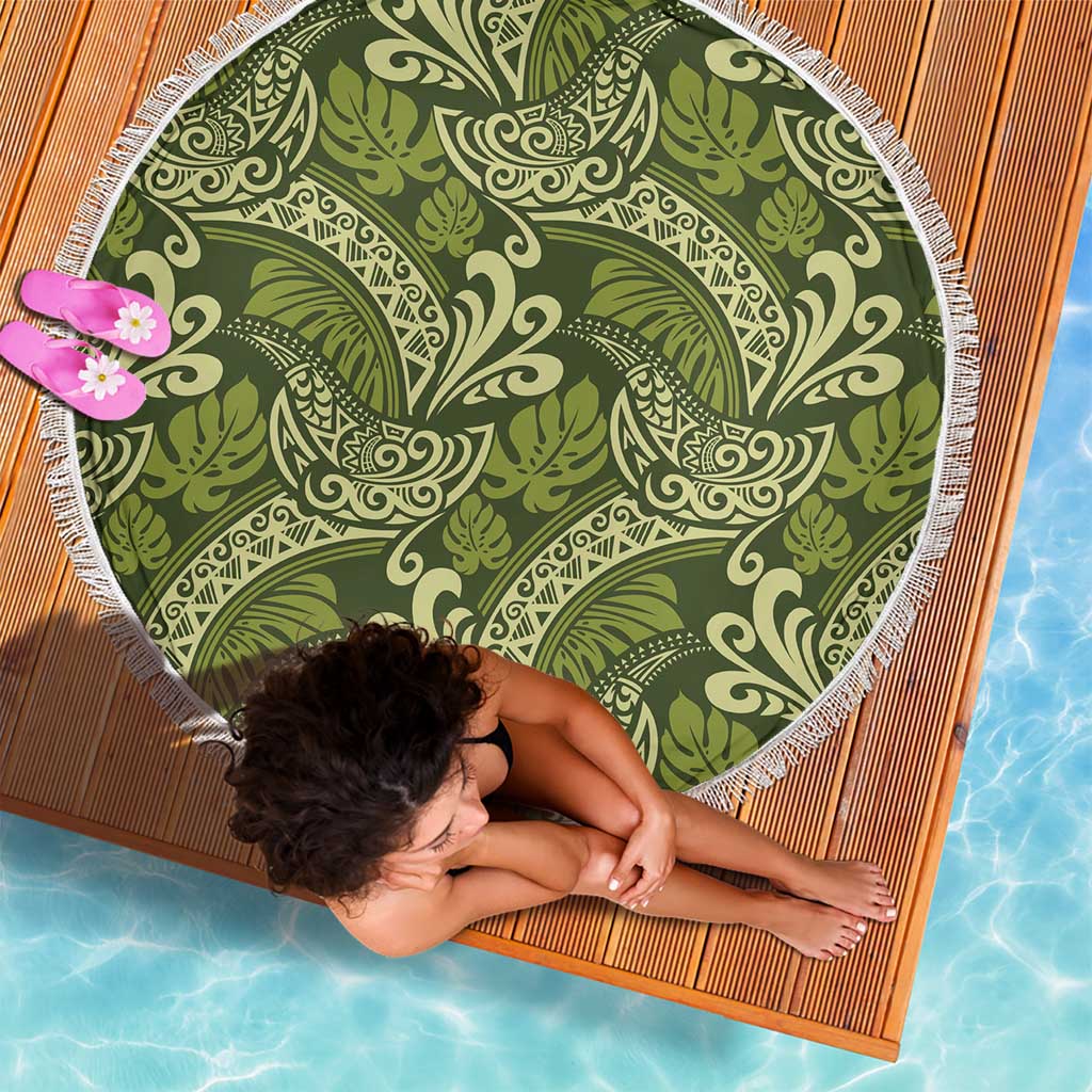 Olive Green Monstera Beach Blanket Polynesian Tribal Pattern - Polynesian Pride
