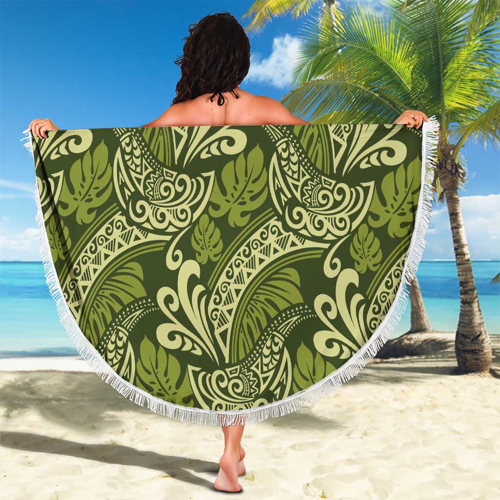 Olive Green Monstera Beach Blanket Polynesian Tribal Pattern - Polynesian Pride