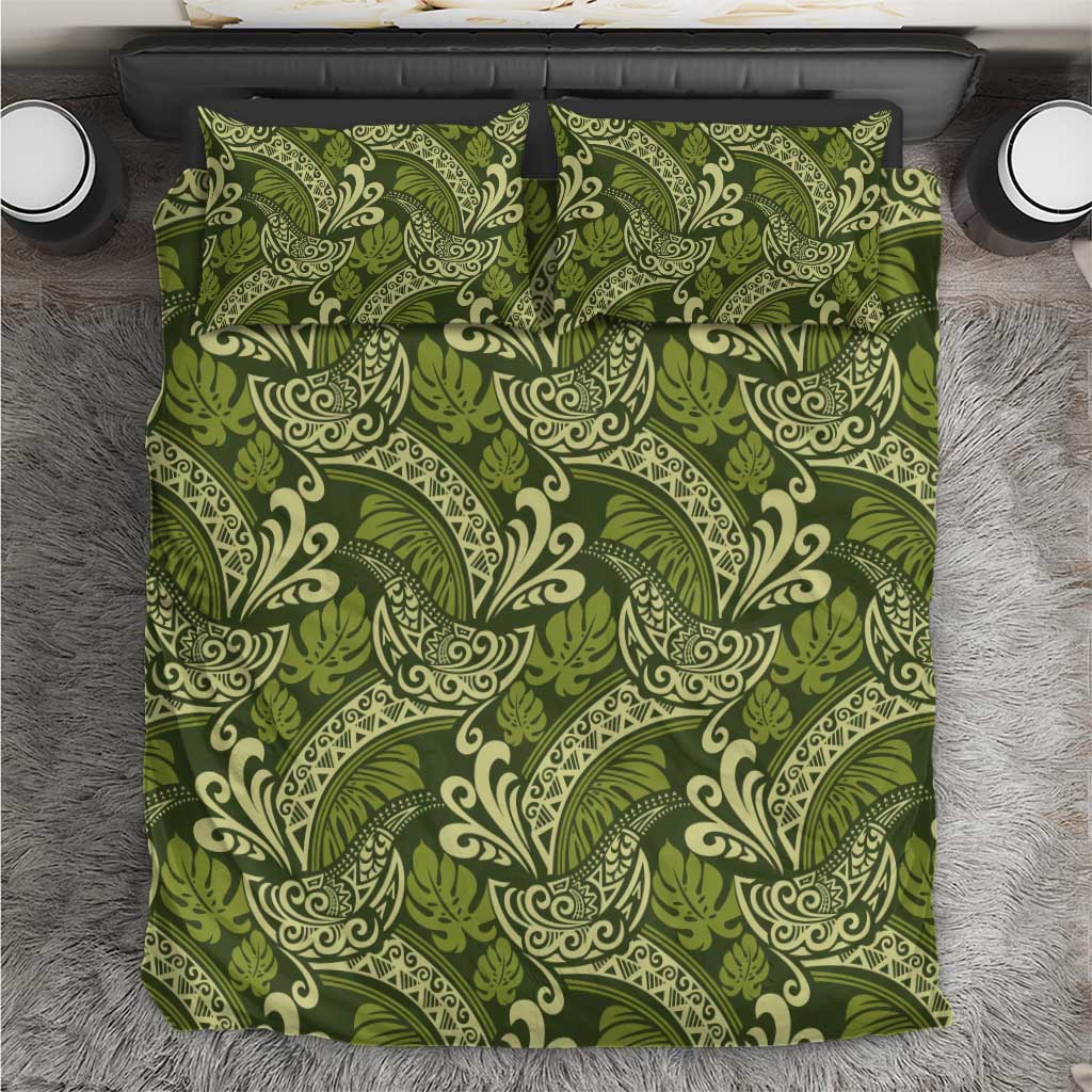 Olive Green Monstera Bedding Set Polynesian Tribal Pattern - Polynesian Pride