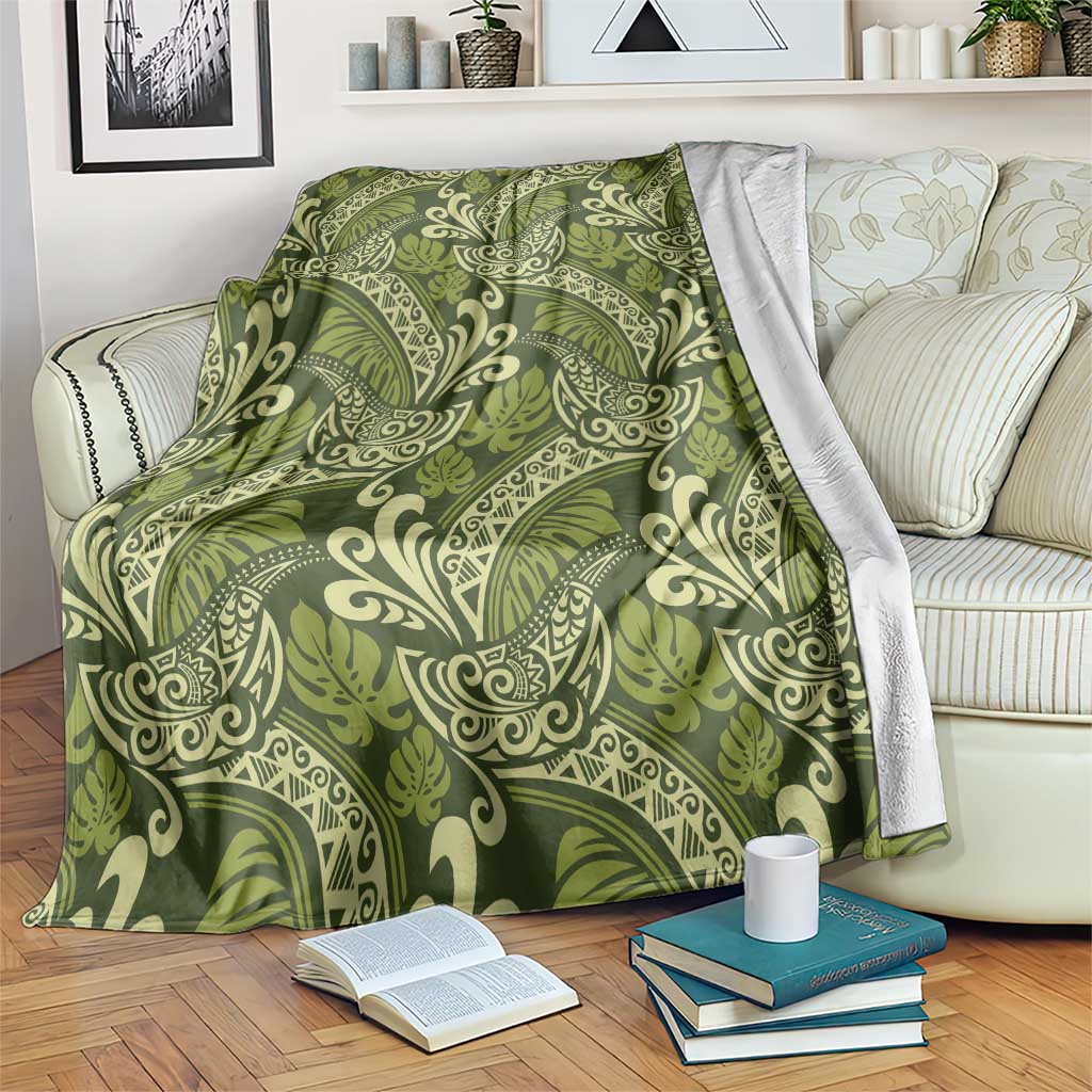 Olive Green Monstera Blanket Polynesian Tribal Pattern - Polynesian Pride
