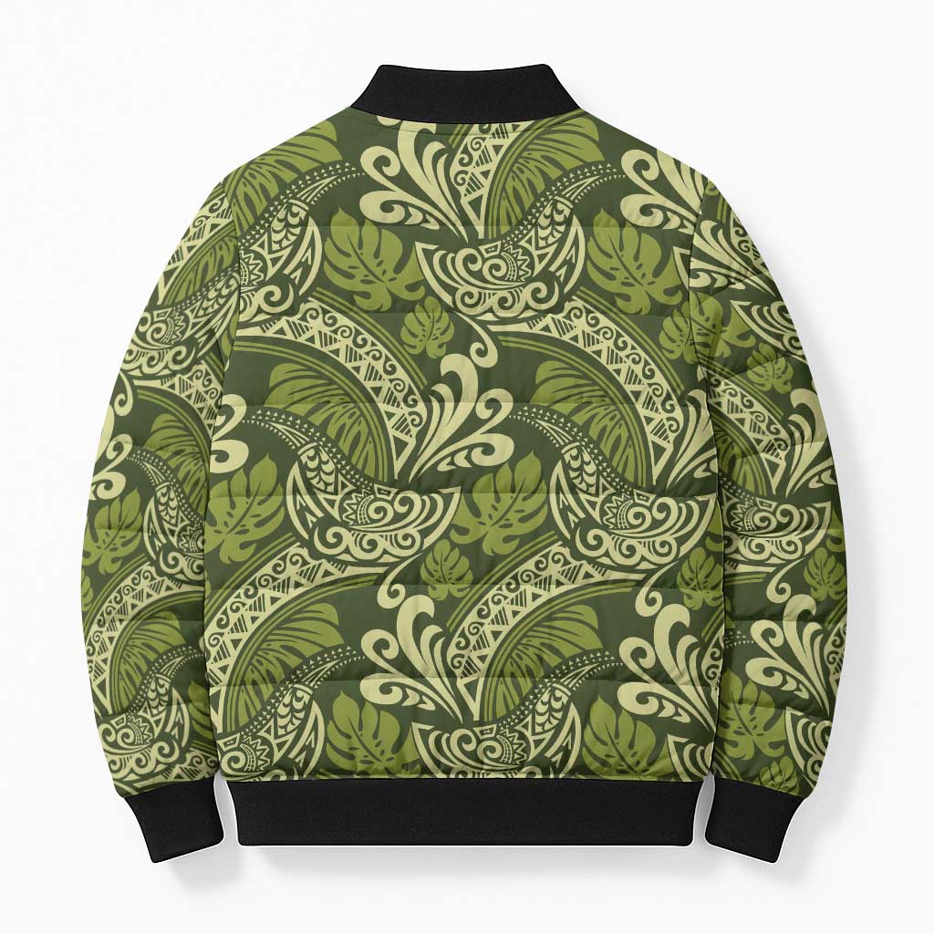 Olive Green Monstera Bomber Puffer Jacket Polynesian Tribal Pattern LT01 - Polynesian Pride