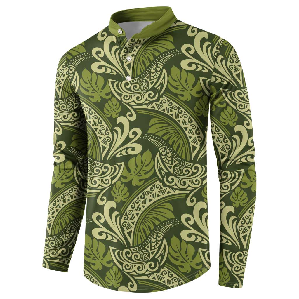 Olive Green Monstera Button Sweatshirt Polynesian Tribal Pattern LT01 - Polynesian Pride
