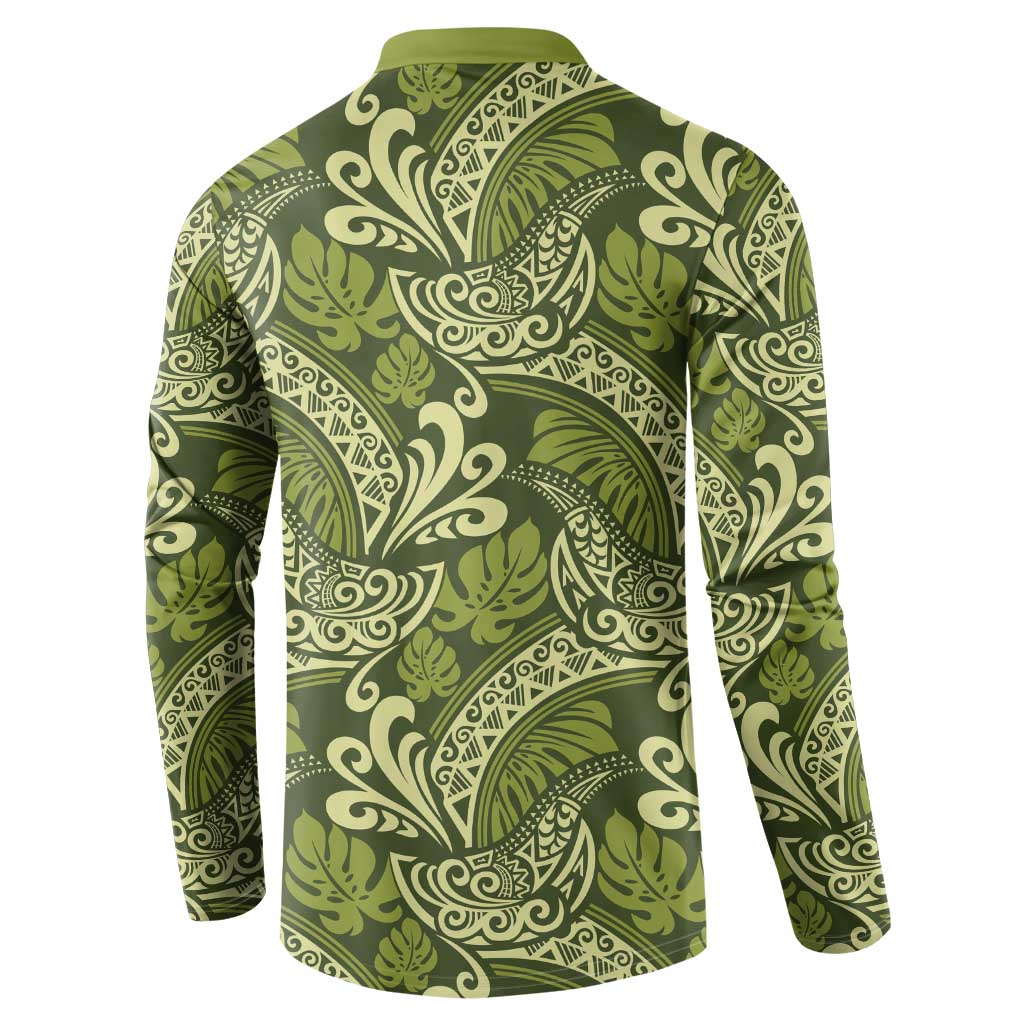 Olive Green Monstera Button Sweatshirt Polynesian Tribal Pattern LT01 - Polynesian Pride