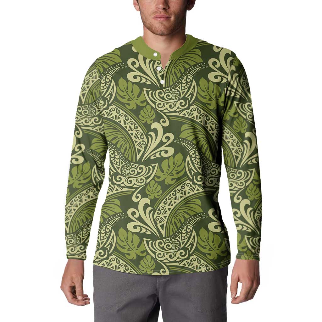 Olive Green Monstera Button Sweatshirt Polynesian Tribal Pattern LT01 - Polynesian Pride