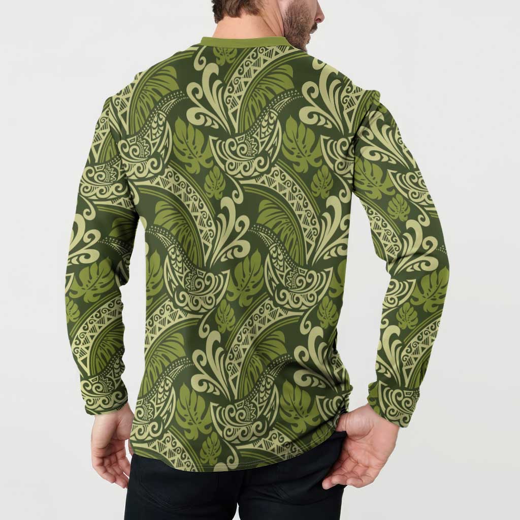 Olive Green Monstera Button Sweatshirt Polynesian Tribal Pattern LT01 - Polynesian Pride