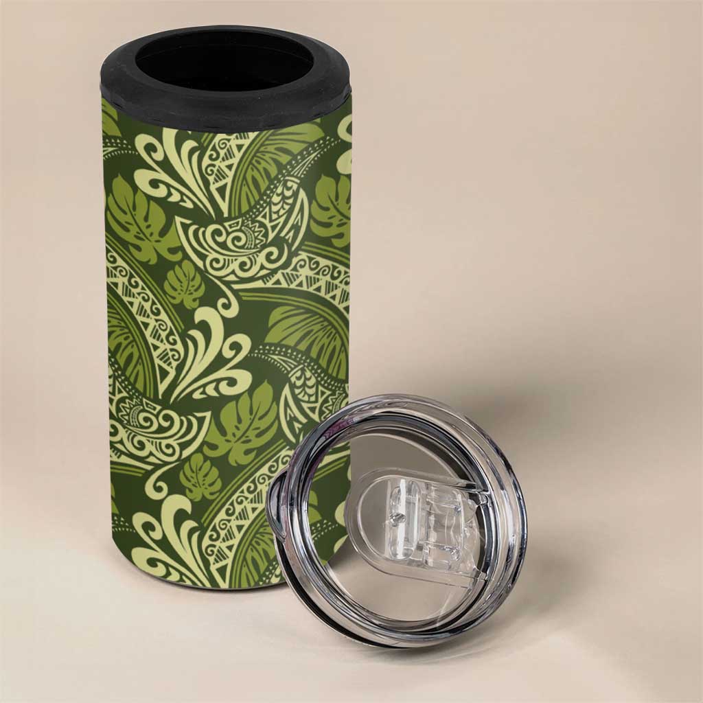 Olive Green Monstera 4 in 1 Can Cooler Tumbler Polynesian Tribal Pattern LT01 - Polynesian Pride