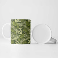 Olive Green Monstera Ceramic Mug Polynesian Tribal Pattern - Polynesian Pride
