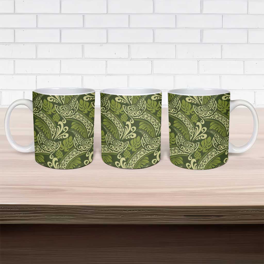 Olive Green Monstera Ceramic Mug Polynesian Tribal Pattern - Polynesian Pride