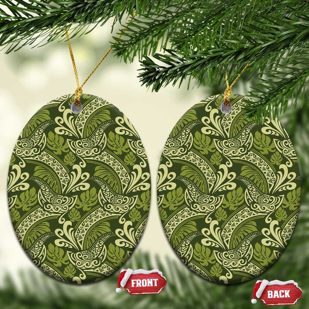Olive Green Monstera Ceramic Ornament Polynesian Tribal Pattern LT01 Oval Green - Polynesian Pride